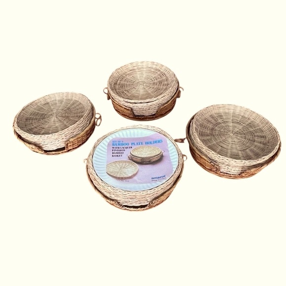 VTG INTERPUR Bamboo Wicker Plates and Basket Holders Four Sets of 8 - Picture 1 of 16